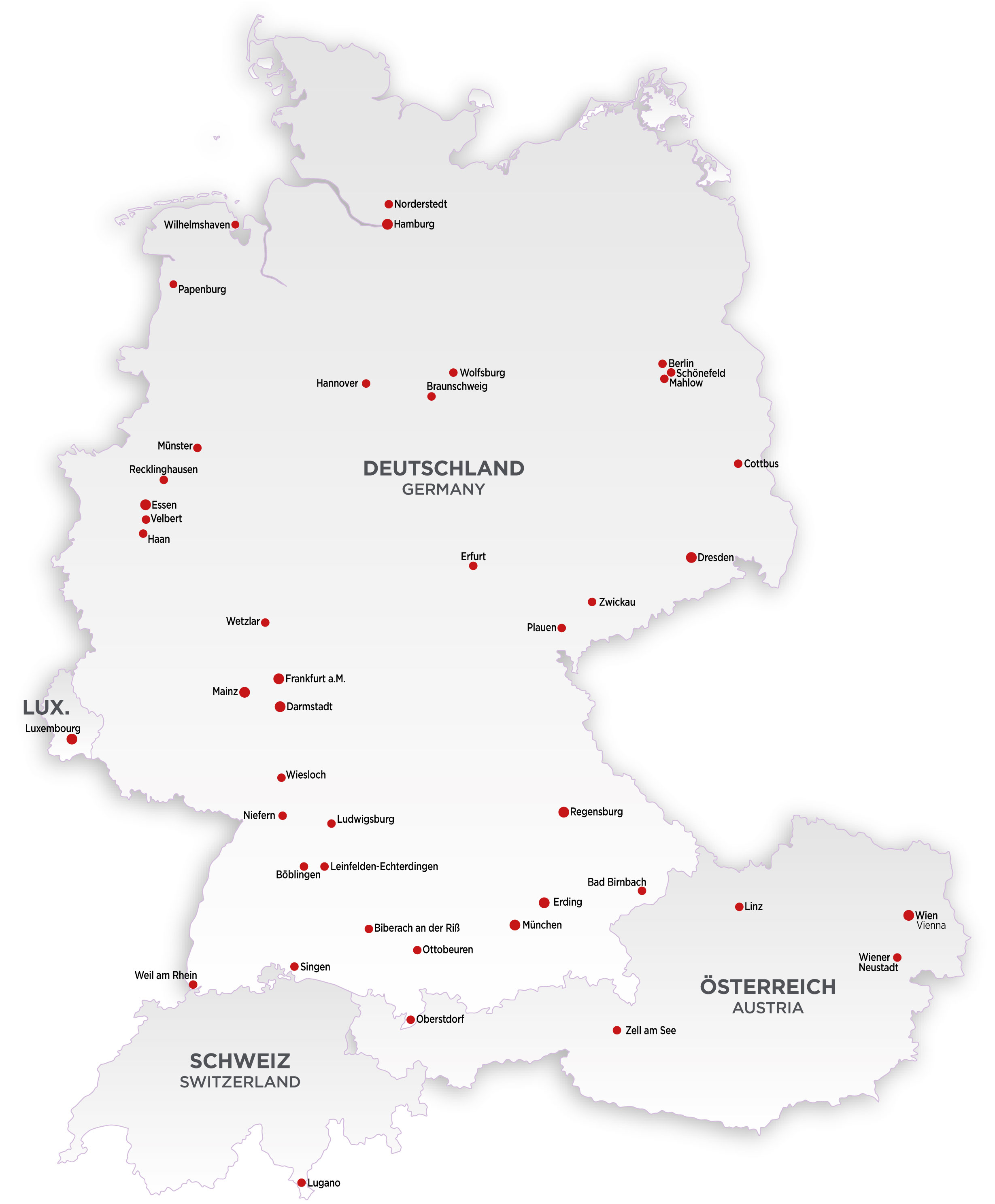 Karte von Deutschland mit markierten St&auml;dten sowie angrenzenden Regionen Luxemburg, Schweiz und &Ouml;sterreich