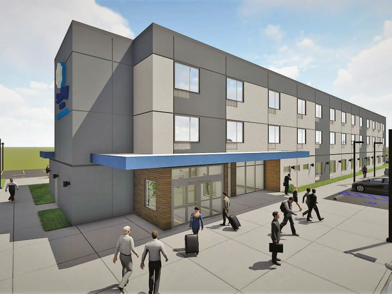 Moderne Hotelvisualisierung mit Eingangsbereich und G&auml;sten auf dem Gehweg.