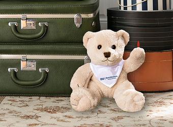 Stoffbär sitzt vor gestapelten Koffern und Hutschachteln auf einem Teppich.