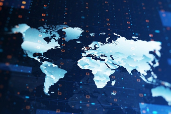 Digital world map with light blue continents on a dark background, connected by data points and lines – symbolizes global news coverage.