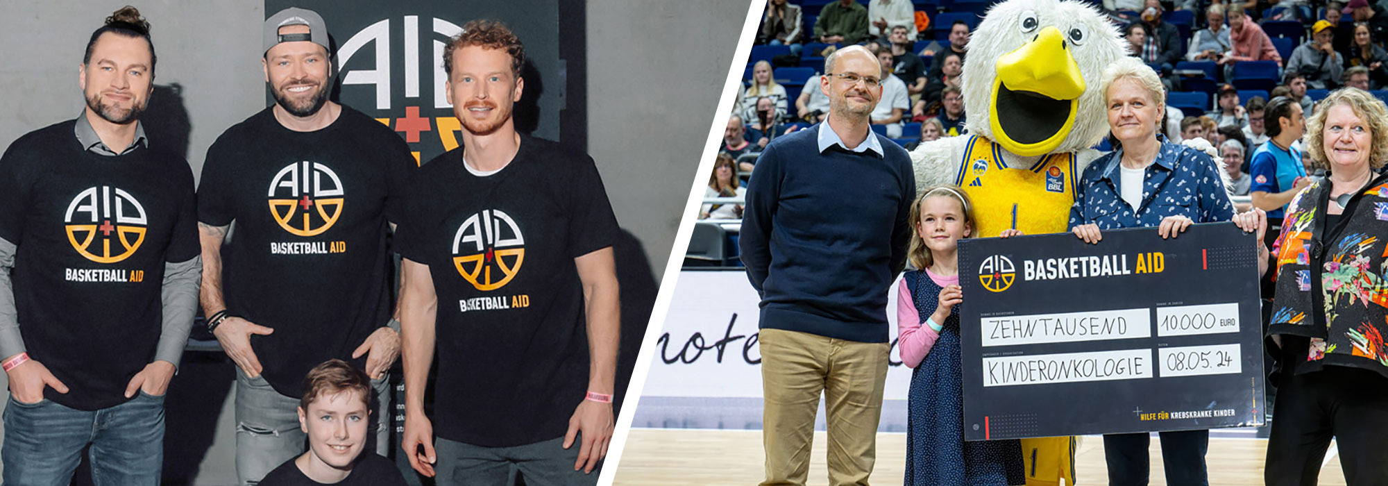 Four men in Basketball AID shirts, on the right a €10,000 check is handed over to pediatric oncology.