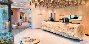 Empfangsbereich mit Holztheke und moderner Deckeninstallation.