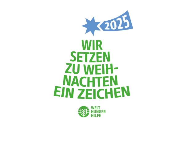 Grafisches Weihnachtsmotiv 2025 mit Baumform und Welt‑Hunger‑Hilfe‑Logo.