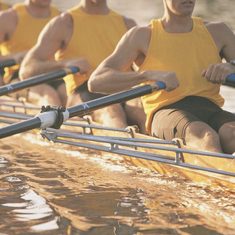 Ruderteam in gelben Trikots rudert synchron auf sonnigem Wasser.