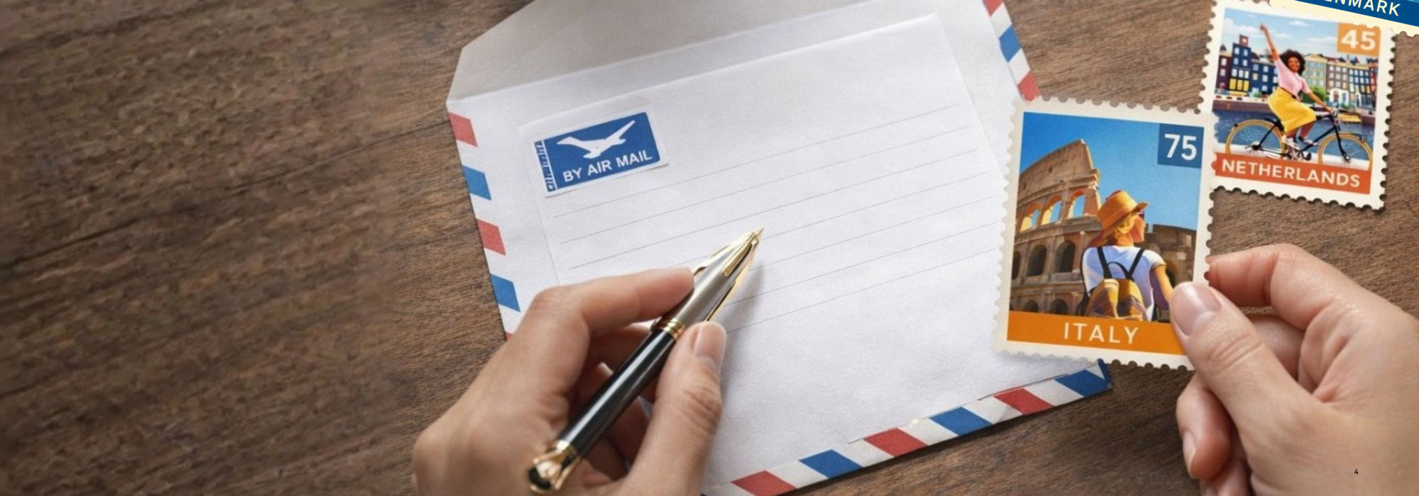 Hands preparing an airmail envelope and selecting colorful travel stamps.