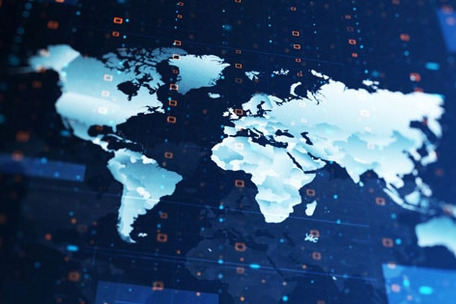 Digital world map with light blue continents on a dark background, connected by data points and lines – symbolizes global news coverage.