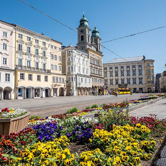 Städtischer Platz in Linz mit modernen Gebäuden, Blumenbeet im Vordergrund und blauem Himmel.