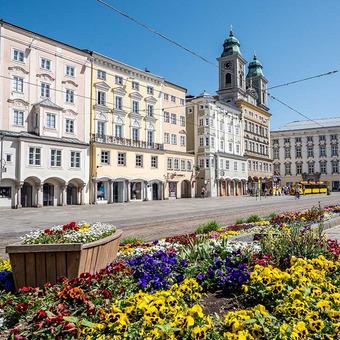 Urban square in Linz with modern buildings and a flower bed under a blue sky.